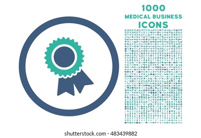 Certification rounded vector bicolor icon with 1000 medical business icons. Set style is flat pictograms, cobalt and cyan colors, white background.