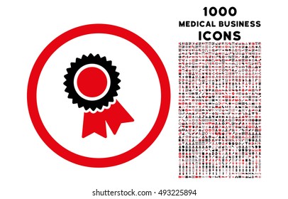 Certification rounded vector bicolor icon with 1000 medical business icons. Set style is flat pictograms, intensive red and black colors, white background.