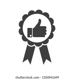 Certification seal award icon vector.Thumb up,Warranty ribbon badge, quality guarantee flat sign symbols logo illustration isolated on white background black color.Concept object design for sport.