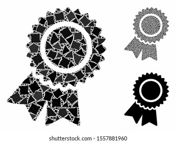 Certification seal composition of uneven elements in variable sizes and color tinges, based on certification seal icon. Vector uneven elements are organized into composition.