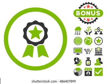 Certification Seal icon with bonus images. Vector illustration style is flat iconic bicolor symbols, eco green and gray colors, white background.
