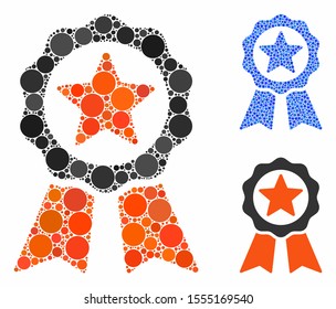 Certification seal mosaic of spheric dots in various sizes and color tones, based on certification seal icon. Vector dots are united into blue composition.