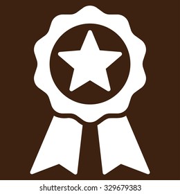 Certification Seal vector icon. Style is flat symbol, white color, rounded angles, brown background.