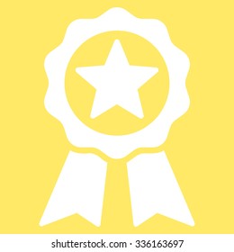 Certification Seal vector icon. Style is flat symbol, white color, rounded angles, yellow background.