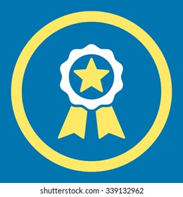 Certification Seal vector icon. Style is bicolor flat rounded symbol, yellow and white colors, rounded angles, blue background.