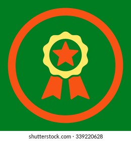 Certification Seal vector icon. Style is bicolor flat rounded symbol, orange and yellow colors, rounded angles, green background.