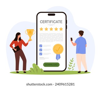 Certificación de servicios, cualificaciones y productos en línea. Pequeñas personas aprueban la calidad con copa de premio, certificado con cinco estrellas y garantía de estampado en pantalla de teléfono ilustración vectorial de dibujos animados