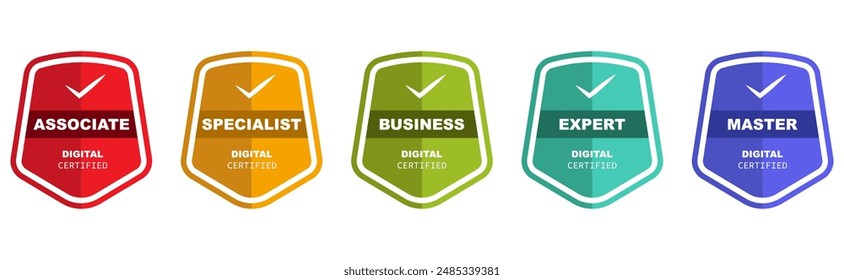 Certification shield badges in a flat design on a white background