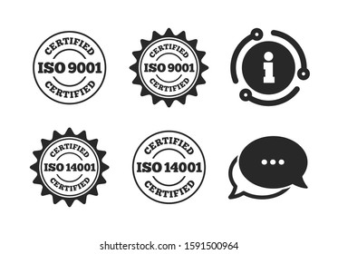 Certification star stamps symbols. Chat, info sign. ISO 9001 and 14001 certified icons. Quality standard signs. Classic style speech bubble icon. Vector