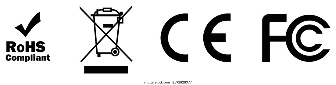 Certification symbols vector set rohs, ce,  fcc, wee compliance icons electronic product safety regulatory approval marks black monochrome signs.