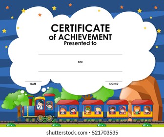Certification template with kids on the train illustration