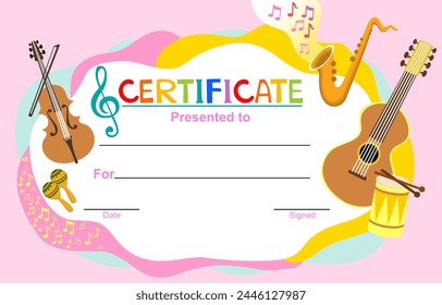 Certification template. Musical template - Horizontal musical frame. Colorful Frame with violin, star and notes. Diploma template for kindergarten students, Certificate of kids diploma. Vector 