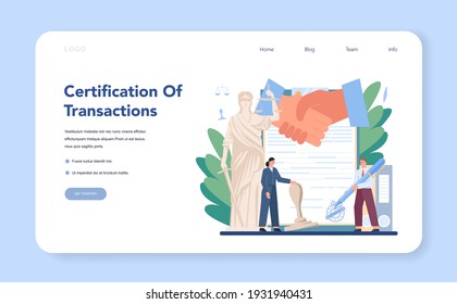 Certification of transaction web banner or landing page. Notary signing and legalizing paper document. Person witnessing signatures on document. Isolated flat vector illustration