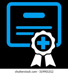 Certification vector icon. Style is bicolor flat symbol, blue and white colors, rounded angles, black background.