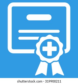 Certification vector icon. Style is flat symbol, white color, rounded angles, blue background.
