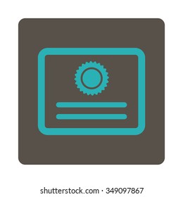 Certification vector icon. Style is flat rounded square button, cyan and grey colors, white background.