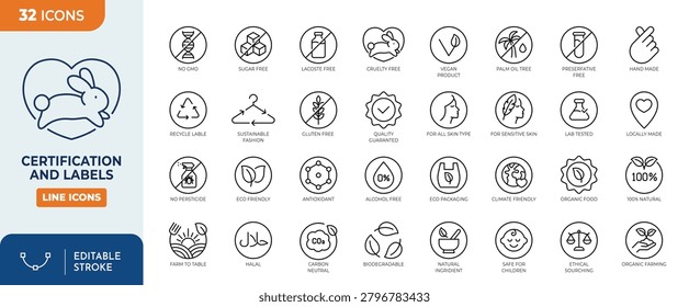 Certifications and product label icon set. Contain icons related to Certifications, product label, natural ingredients, sustainability, eco packaging and more. Editable stroke. Vector illustration