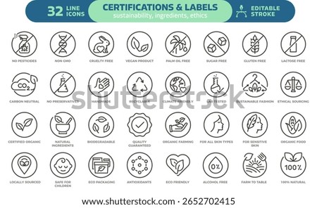 Certifications and product label icon set. Thin line editable stroke icons for sustainability, natural ingredients, ethical sourcing, organic food, clean beauty, eco packaging and non toxic products

