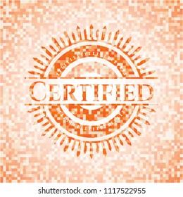 Certified abstract orange mosaic emblem with background