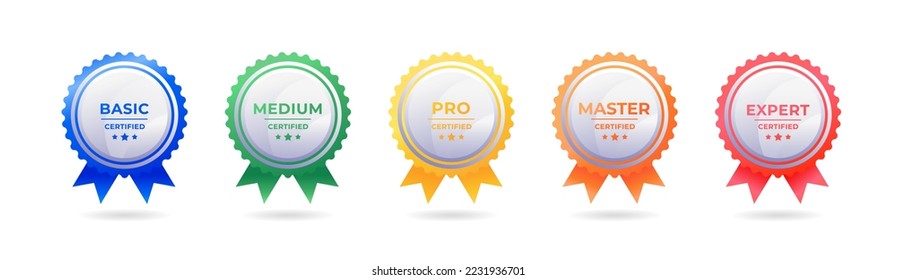 Certified badge design set for company. Badge certificates icon set. Seals with riibbon 