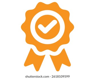 Certified Badge Icon with Check Mark – Orange Award Ribbon Symbol,Vector EPS Illustrator File