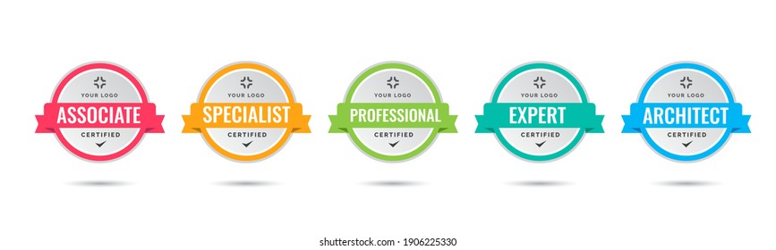 Certified badge logo design for company training badge certificates to determine based on criteria. Set bundle certify with colorful ribbon vector illustration.