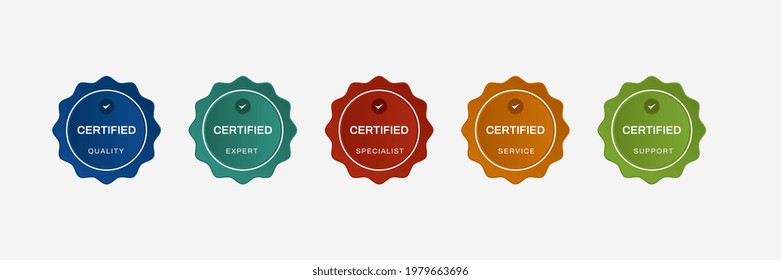 Certified badge logo design for company training badge certificates to determine based on criteria. Set bundle certify colorful vector illustration.