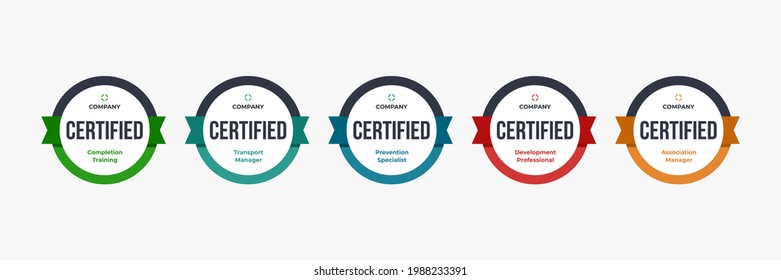 Certified badge logo design for company training badge certificates to determine based on criteria. Set bundle certify colorful vector illustration.