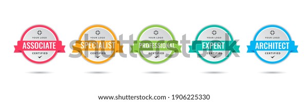 Certified badge logo design\
for company training badge certificates to determine based on\
criteria. Set bundle certify with colorful ribbon vector\
illustration.