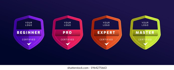 Certified badge logo with shield shape template. Set of company training badge certificates to determine based on criteria. Vector illustration seal logo design template.