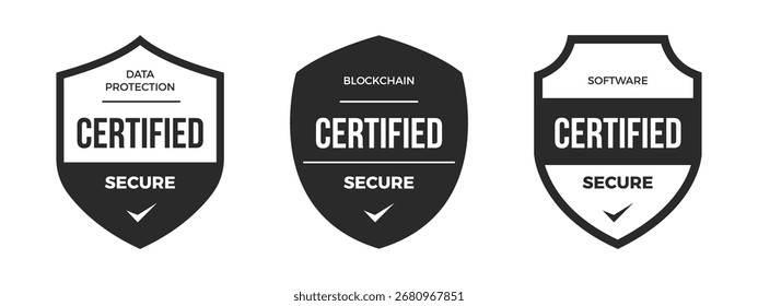 Insignia certificada producto de tecnología segura. Etiqueta de certificación de protección de datos, blockchain y software.