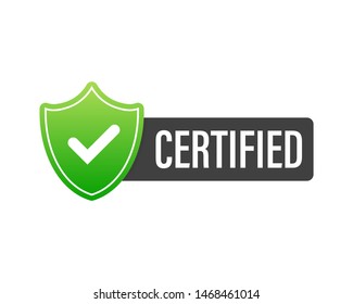 Certified badge, stamp. Red seal of origin and quality. Certify flat button with check mark and shield.