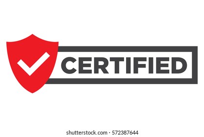 Certified badge, stamp. Red seal of origin and quality. Certify flat button with check mark and shield.