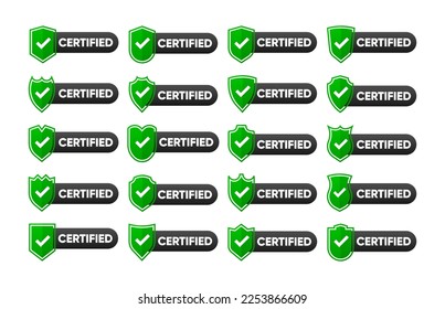 Certified badge, stamp, seal big collection. Green seal of origin and quality. Certify flat shield with check mark. Vector illustration.