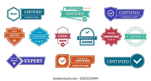 Colección de vectores de distintivos certificados. Experto, Master, Etiquetas certificadas por la empresa.