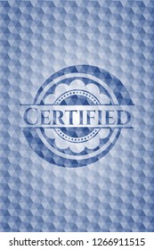 Certified blue emblem with geometric background.