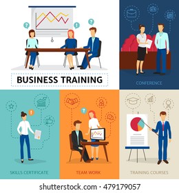 Certified business consulting program with training course conferences and workshops flat banners composition poster isolated vector illustration 