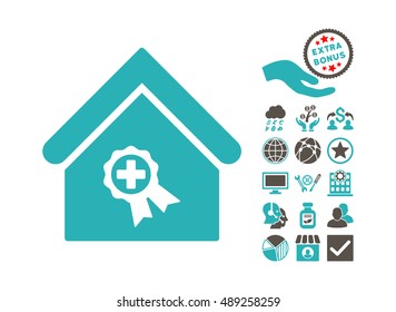 Certified Clinic Building icon with bonus clip art. Vector illustration style is flat iconic bicolor symbols, grey and cyan colors, white background.