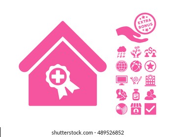 Certified Clinic Building pictograph with bonus pictograph collection. Vector illustration style is flat iconic symbols, pink color, white background.