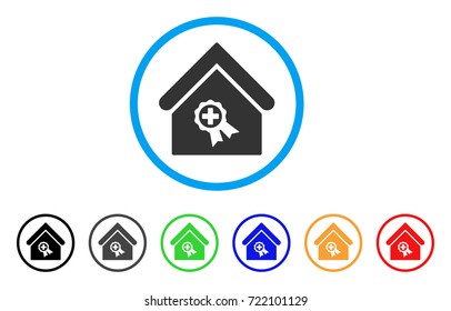 Certified Clinic Building rounded icon. Style is a flat certified clinic building gray symbol inside light blue circle with black, gray, green, blue, red, orange variants.