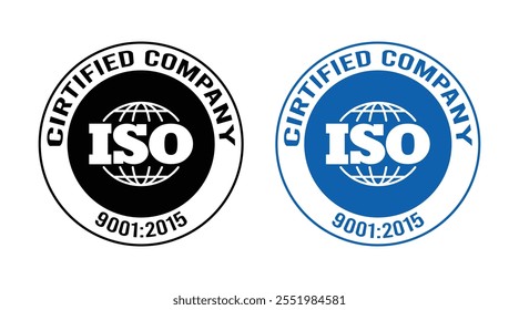 Certificado de Empresa Certificado ISO 9001:2015 símbolo definido em preto azul. ilustração vetorial, Certificado de Qualidade, Certificação de marca ISO, Organização Internacional para padronização logotipo vetor.