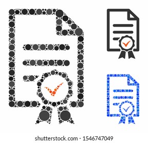 Certified composition of filled circles in various sizes and color tints, based on certified icon. Vector filled circles are organized into blue mosaic.