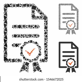 Certified composition of uneven pieces in various sizes and shades, based on certified icon. Vector uneven dots are composed into composition. Certified icons collage with dotted pattern.