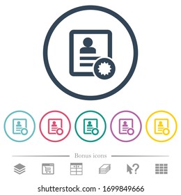 Certified contact flat color icons in round outlines. 6 bonus icons included.