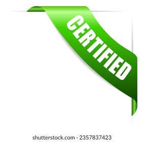 Certified corner ribbon, vector web design element isolated on white background, quality control certification header