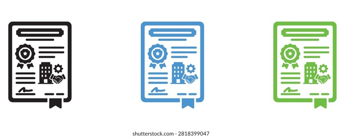 Certified corporate business document with building and handshake