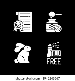 Certified cosmetics white glyph icons set for dark mode. No animal cruelty. Lab testing. Eco friendly product. Silhouette symbols on black background. Vector isolated illustration bundle