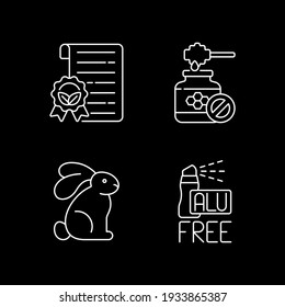 Certified cosmetics white linear icons set for dark theme. No animal cruelty. Lab testing. Night mode customizable thin line symbols. Isolated vector outline illustrations. Editable stroke