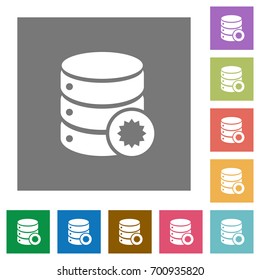 Certified database flat icons on simple color square backgrounds