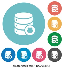 Certified database flat white icons on round color backgrounds